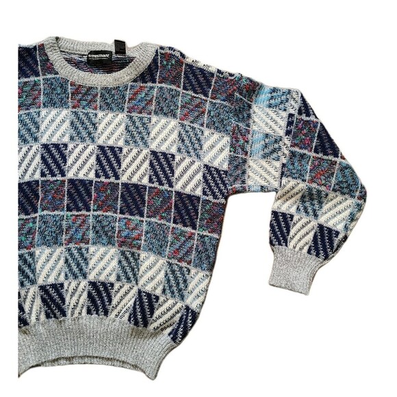 Mens 80s Geometric Patchwork Knit Sweater L Abstract Retro Pattern Grandpa - Picture 5 of 9